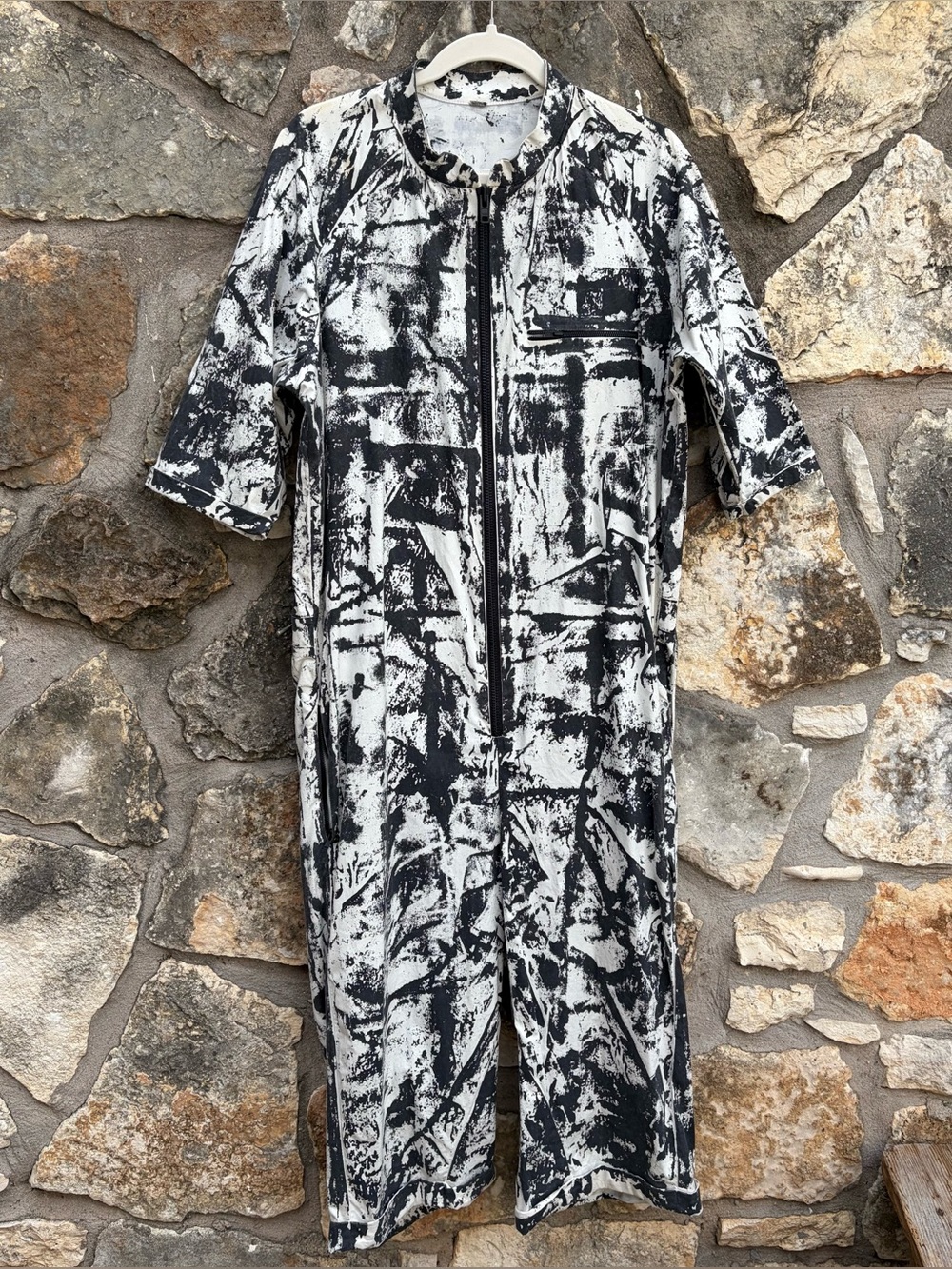 HEATHEN trendy designer black / white paint crop coverall Jumpsuit SMALL
